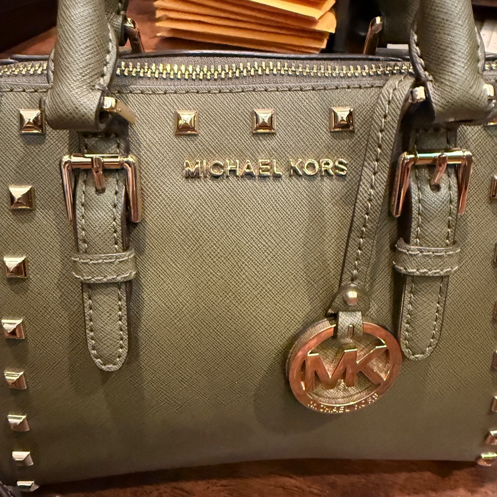 NWOT - new- Michael Kors Olive Studded Saffiano Mini Satchel with Gold Hardware - Picture 3 of 3